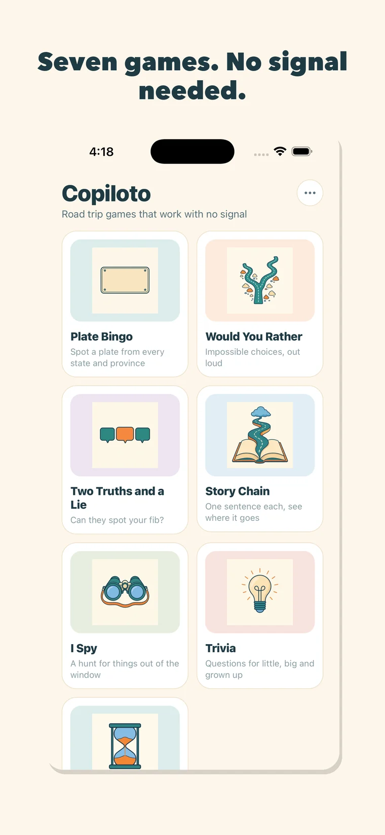 Copiloto home: seven game tiles that work with no signal