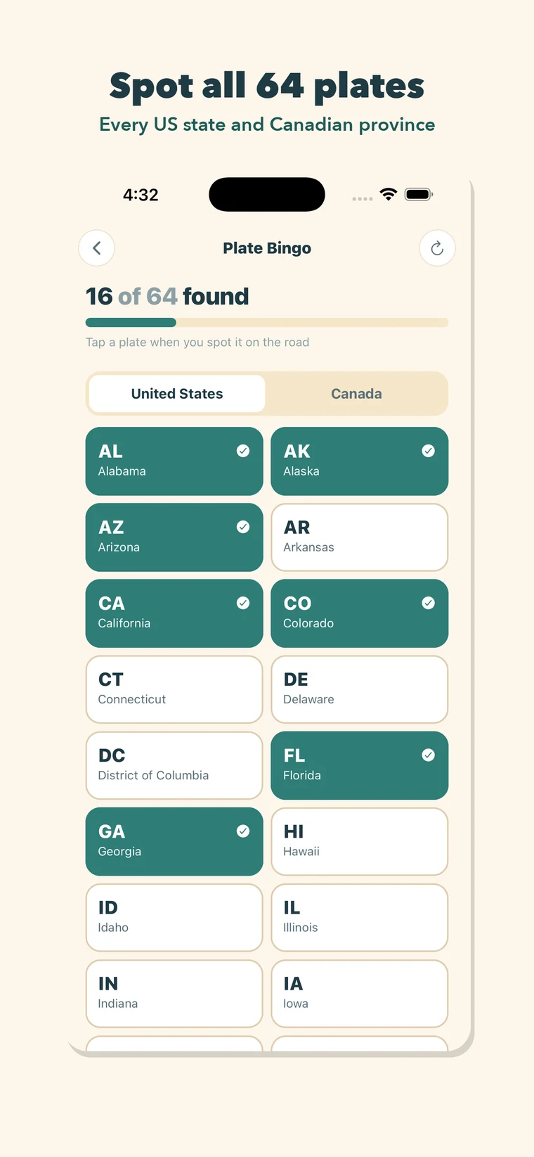 Plate Bingo board: 16 of 64 plates found, US states and Canadian provinces