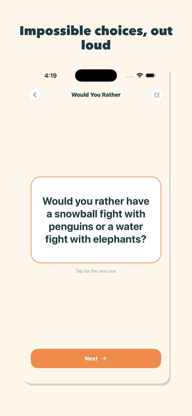 A Would You Rather card about snowball fights with penguins