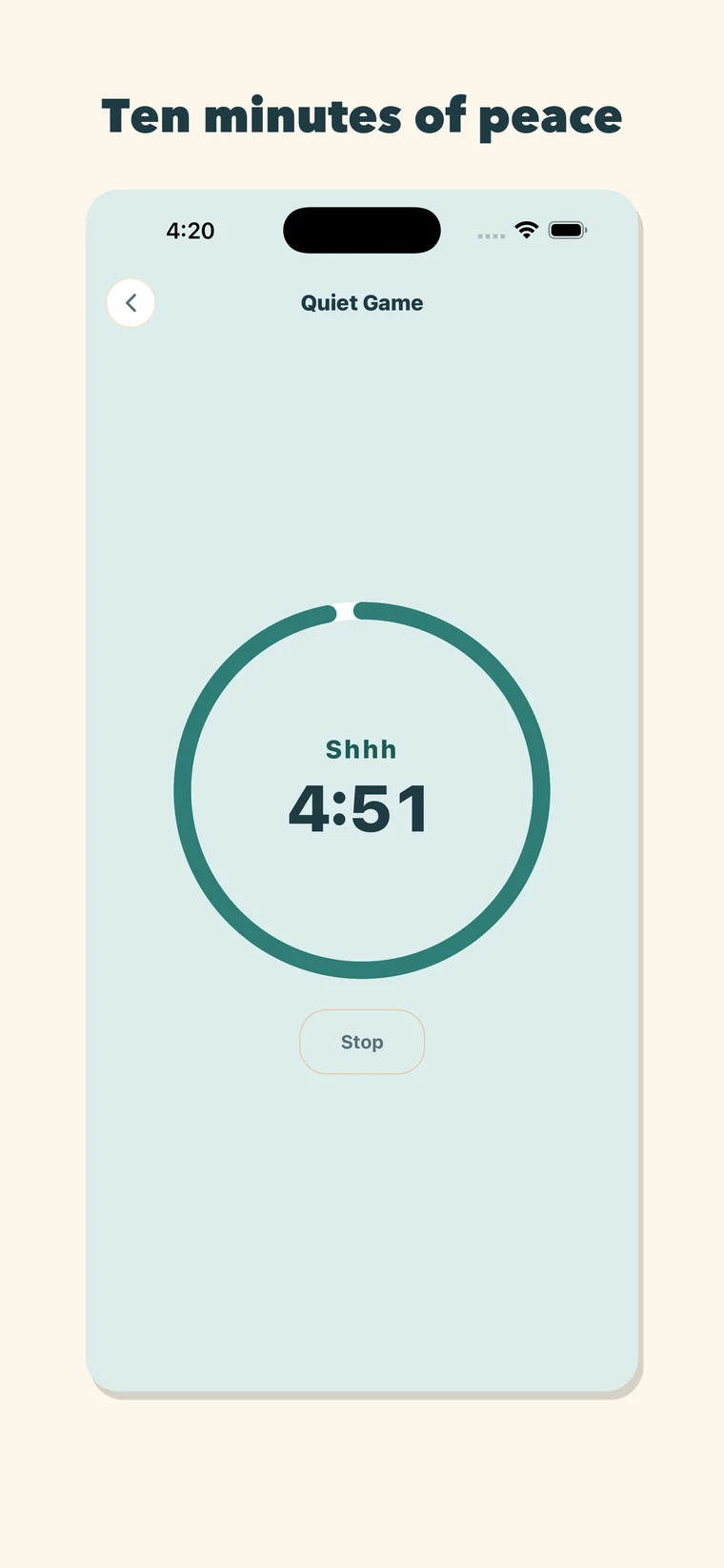 The Quiet Game timer counting down from ten minutes