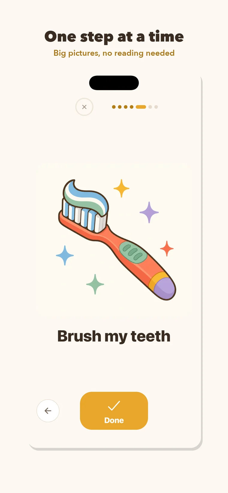 Rutina kid mode: one big illustrated step, Brush my teeth, with a Done button