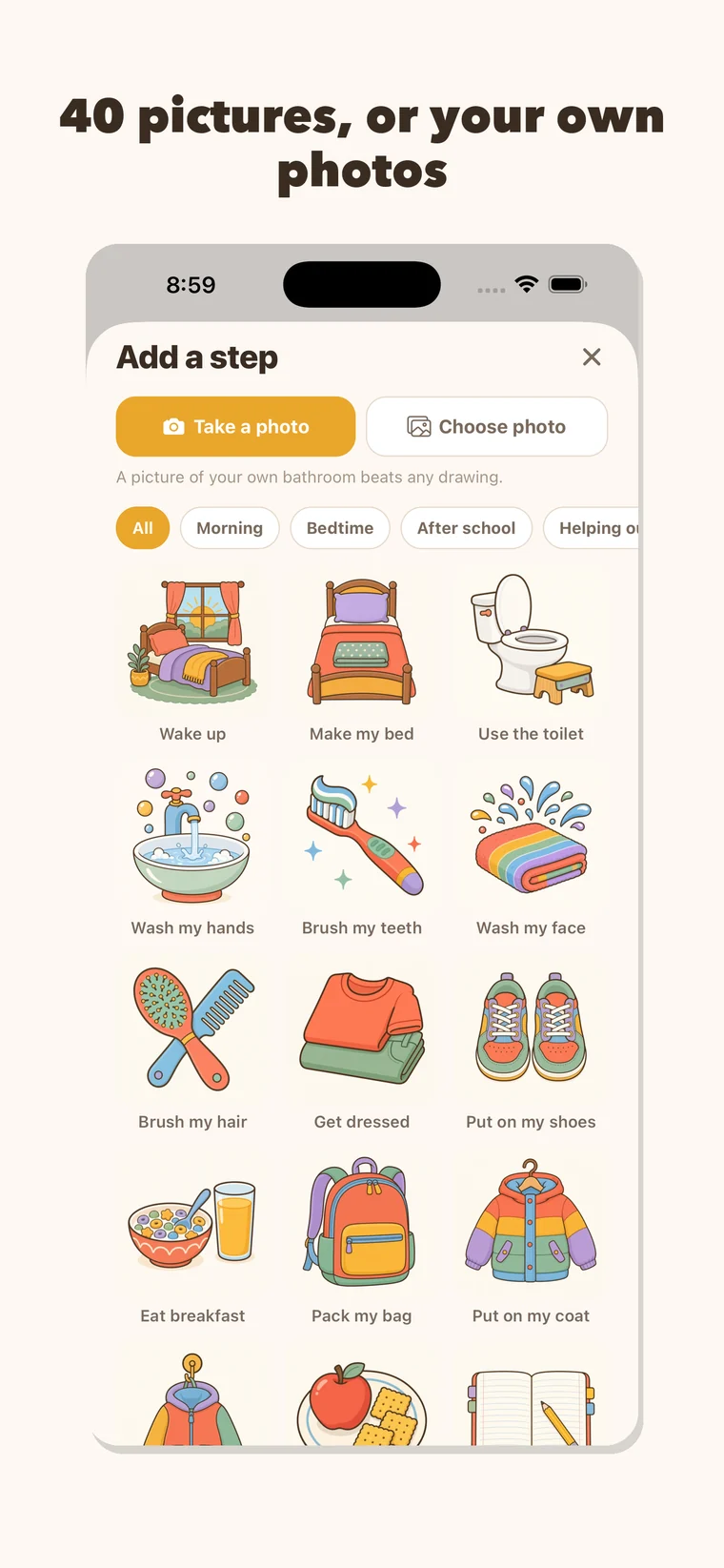 Rutina step picker: 40 illustrations or a photo from your own camera