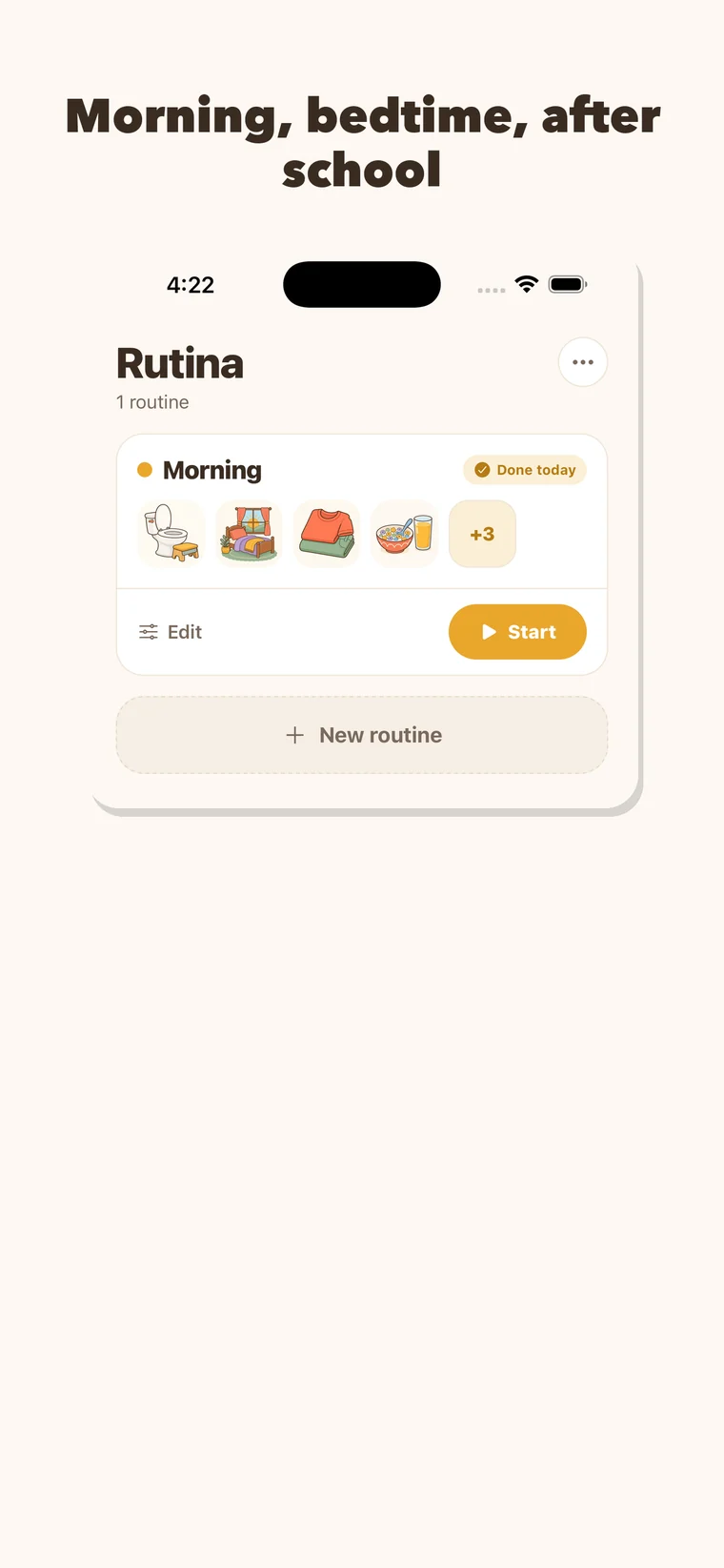Rutina home screen listing a Morning routine