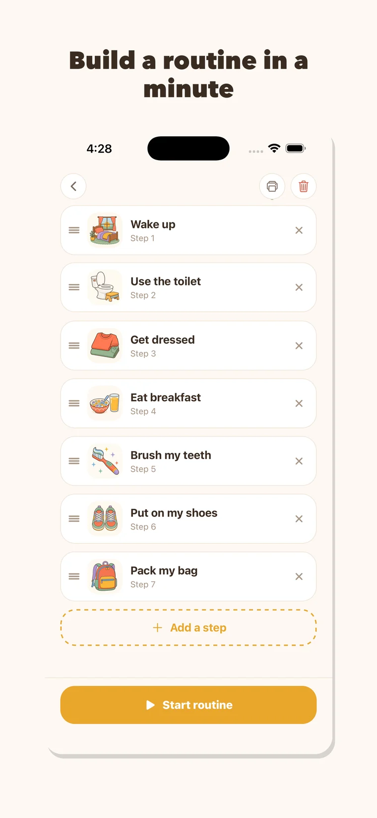 Rutina editor: a routine of seven steps, drag to reorder